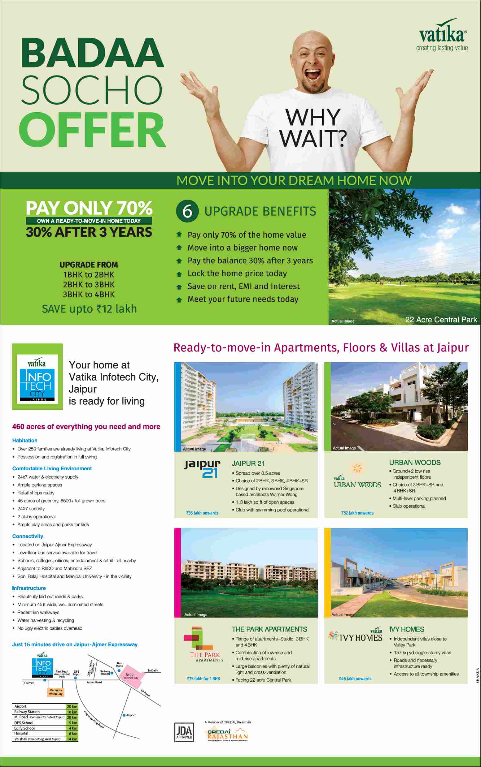 Pay only 70% and rest 30% after 3 years at Vatika properties in Jaipur